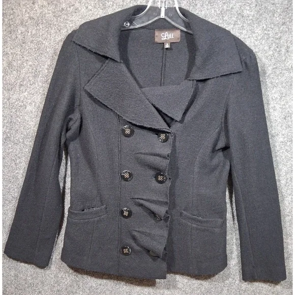 Luii Womens Black 100% Wool Ruffle Double‎ Breasted Blazer Jacket Size S Small