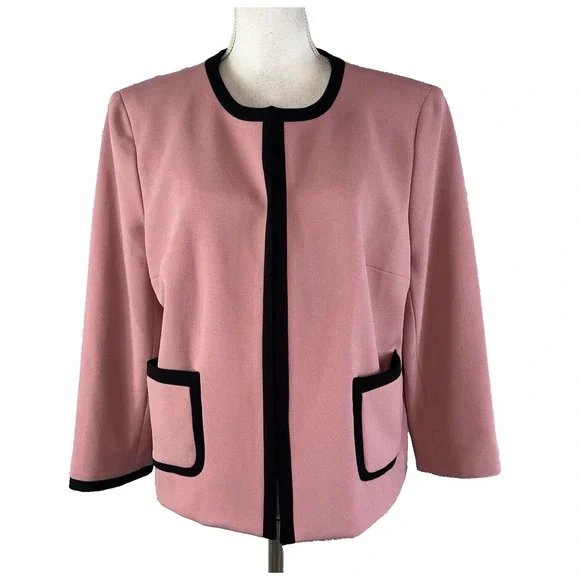 Nine West Blazer Jacket Mauve Pink Black Open Front Career Professional Church