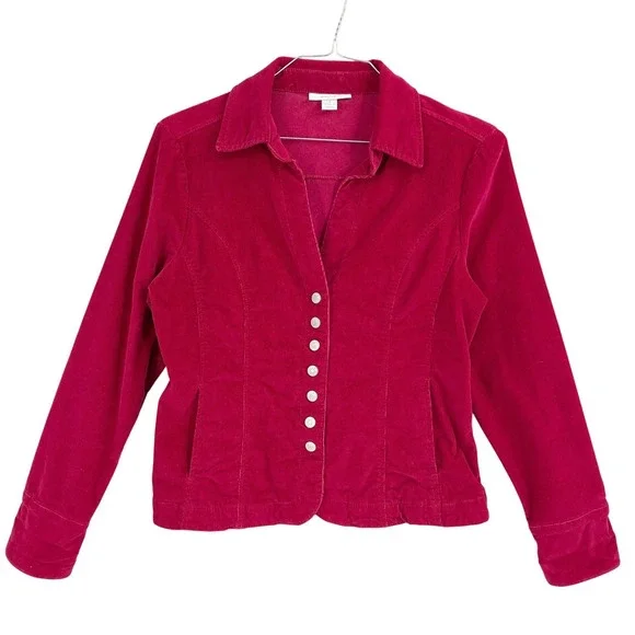 Dressbarn Womens Bright Red Fine Wale Corduroy Jacket Button Up Blazer Stretch M