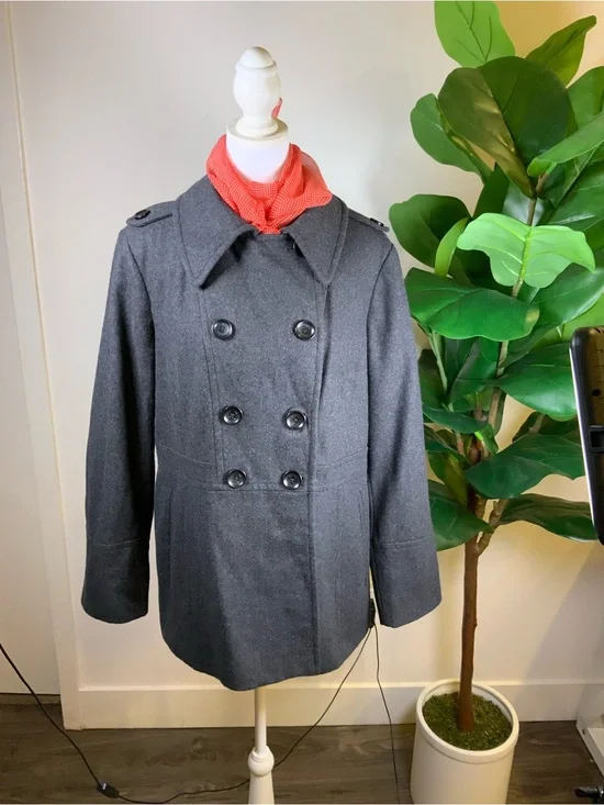 Michael Kors Charcoal Double-Breasted Peacoat with Red Scarf