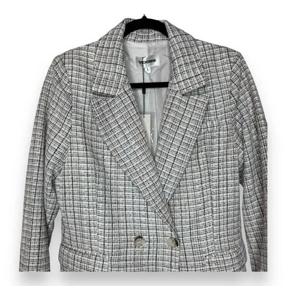 Vigoss Womens Blazer Jacket Plaid Tartan Ivory Brown Brown 1 Button‎ Front Large