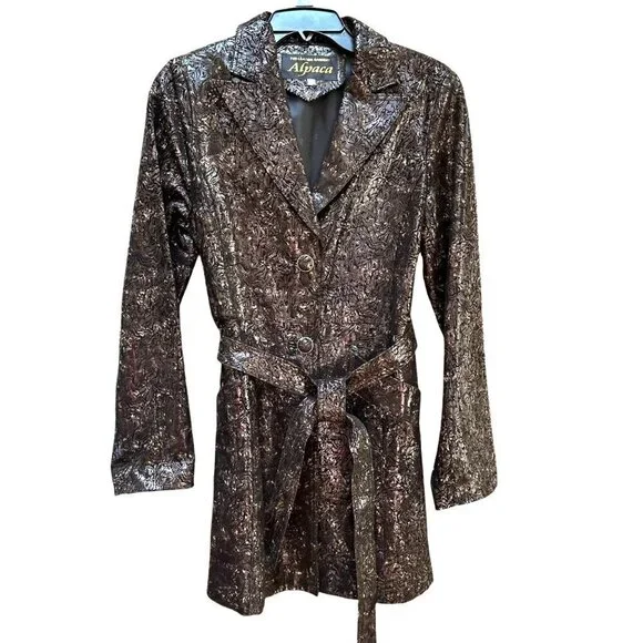 Alpaca Trench Coat Metallic Black Bronze Textured Belted Mob Wife Size‎ M