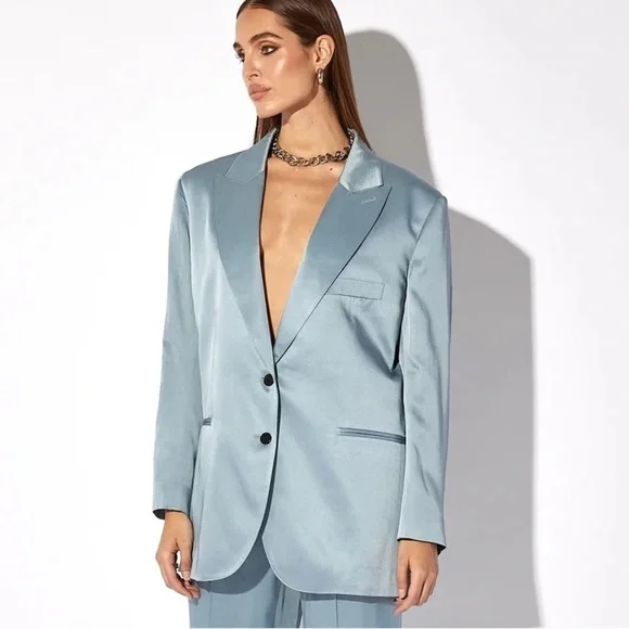 NWOT RtA Single Breasted Tuxedo Style Oversized Satin Blazer in Dusty Blue