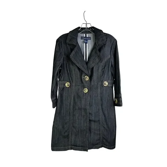 Baccini Demin Trench Coat Womens Sz Medium Dark‎ Wash Button Front 3/4 Sleeve