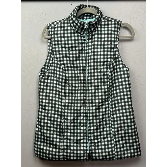 Kim Rogers Puffer Vest Womens Small Black Aqua Gingham Quilted Mock Neck Zip