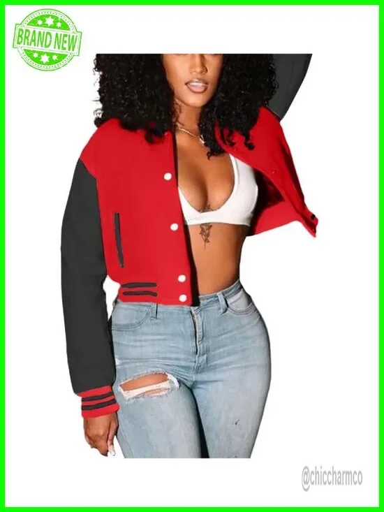 Women Cropped Bomber Jacket Slim Fit Baseball Sweatshirt Button Front
