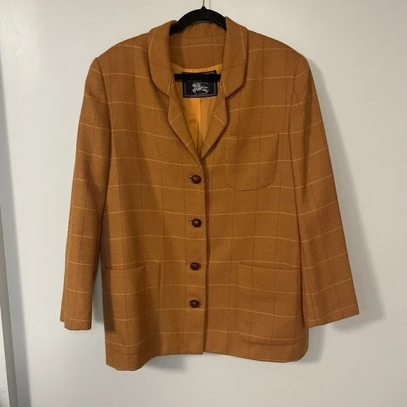 Vintage BURBERRYS of London Woman Size 12 Blazer‎ 90s Wool Leather Button Plaid