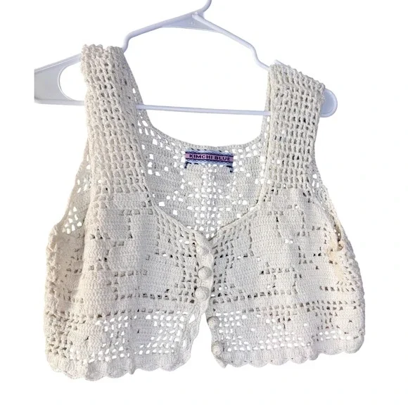 Kimchi Blue Crochet Button Front Vest Boho Cream Size M