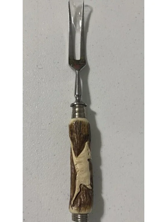 Baron Solingen German Carving Fork Stag Antler Carved Handle EUC Vintage