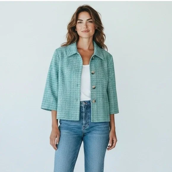 Vintage‎ Mod Coastal Grandmacore Tweed Jacket L Boxy Teal Blue Yellow Woven Poly