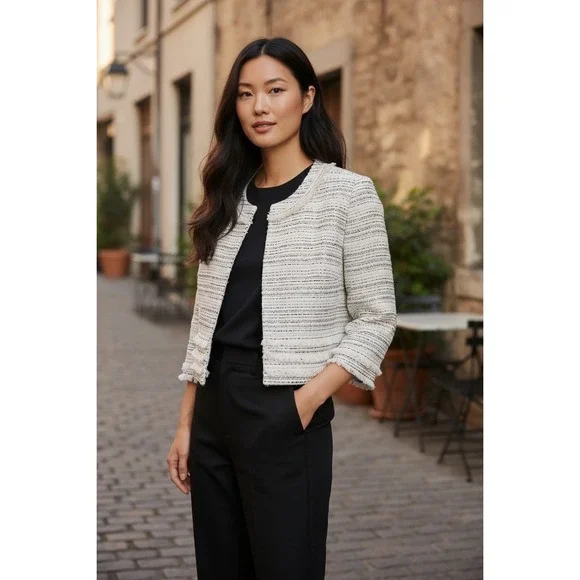 Karl‎ Lagerfeld Paris Women's Tweed Jacket Black Fringe Designer Blazer Size Med