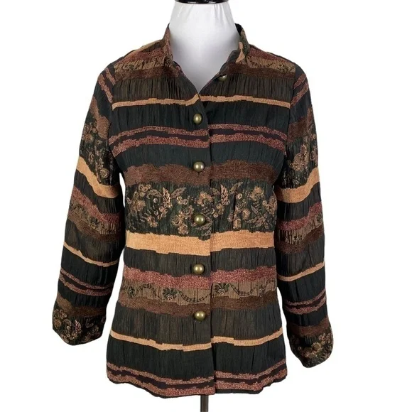 Mirasol Striped‎ Floral Button Down Jacket Women's Medium Brown Black Lined