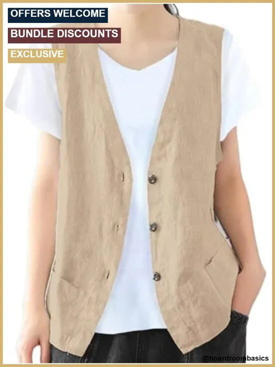 Women's Cotton Linen Blend Sleeveless Vest Blazer V-Neck Casual