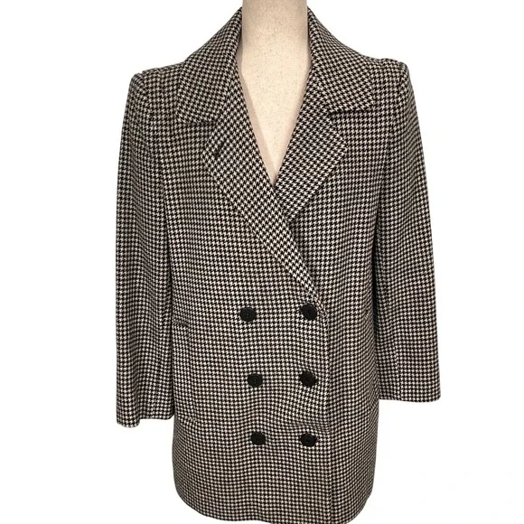 ALORNA Coat Womens Large Black White Houndstooth Double Breasted Winter Jacket‎