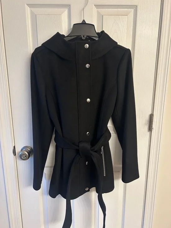 Michael Michael Kors Women's Black Belted Hooded Full-Zip Trench Coat with Poc