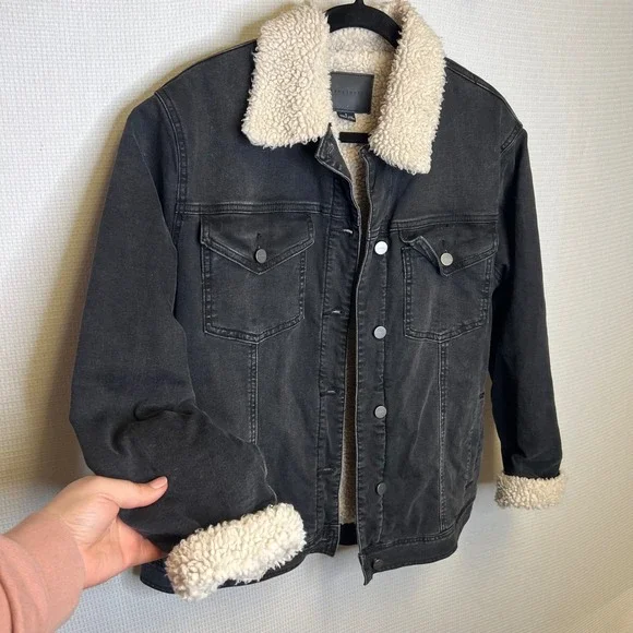 Sanctuary Womens Sherpa Lined Denim Trucker Jacket Black Faded QJ5030S20LA Small