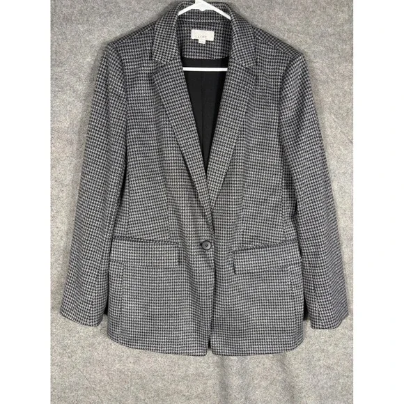 LOFT‎ Womens Houndstooth Blazer Black White Single Button Jacket Size 12 FA22