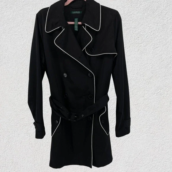 Lauren Ralph Lauren Black Trench Coat White Piping Belted Women L‎ Classic Paris