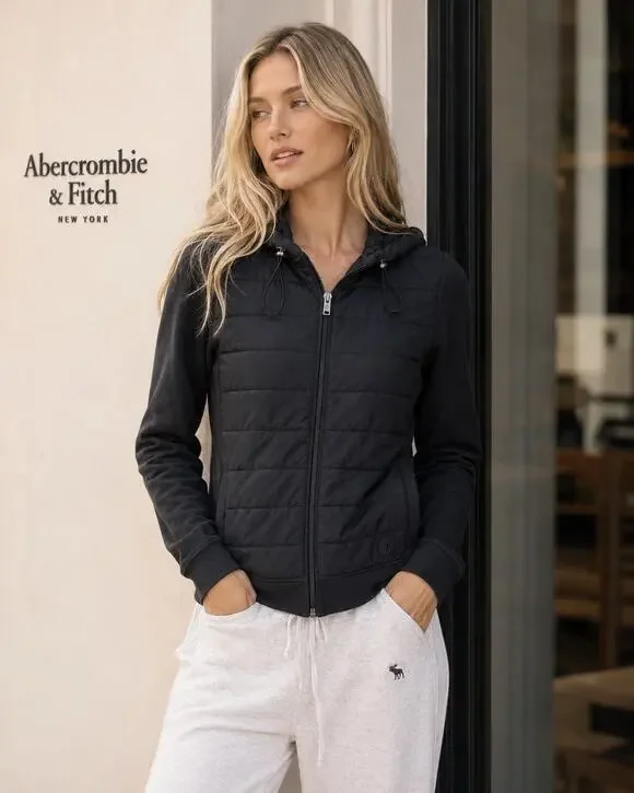 Abercrombie & Fitch Women’s XS Black Quilted Hybrid Hooded Zip Jacket Y2K Puffer