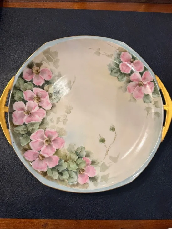 MZ Altrohlau Hand-Painted Pink Floral Serving Platter with Gold Handles