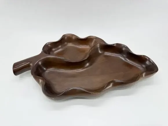 Wood Leaf Shaped Divided Serving Tray 2 Section Platter 2.35 lb