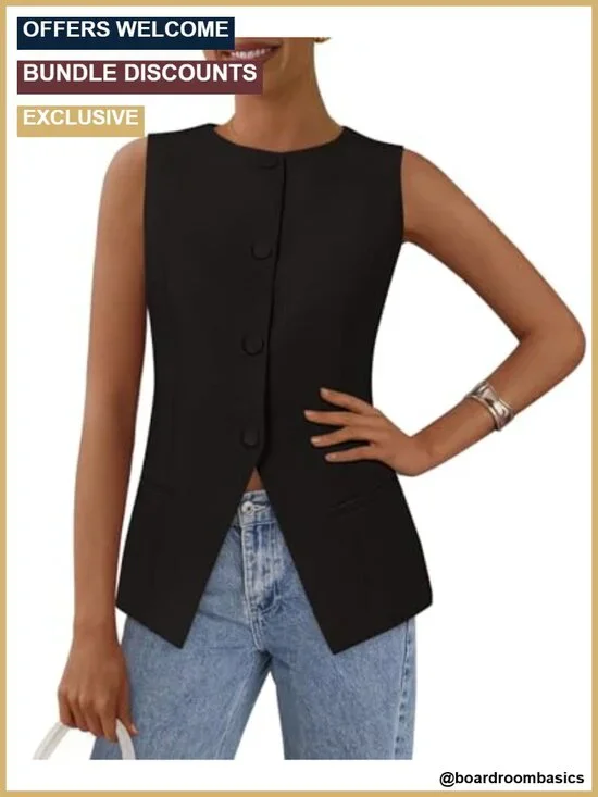 Women Tailored Suit Vest Business Casual Sleeveless with Functional Pockets