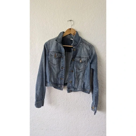 BP Nordstrom Womens Cropped Denim Trucker Jacket Medium‎ Wash Blue Long Sleeve