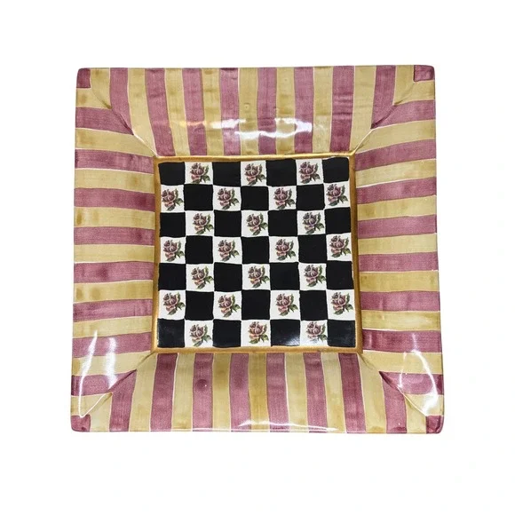 MacKenzie-Childs Aurora Terracotta Square Platter Courtly Check Rose 12in Tray