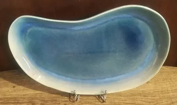 Coastal Blue Green Pottery Crescent Serving Dish Tray Stoneware Kidney 14 x 9