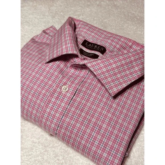 Ralph Lauren Shirt Mens 18/34-35 Pink Plaid Regular Fit Stretch 2XL Button Up LS