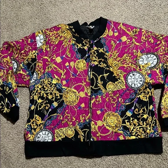 Vintage Women's Pink & Black Baroque Print Bomber Jacket