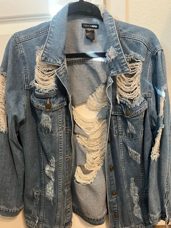 Fashion Nova Light Blue Distressed Denim Jacket with Heavy Shredding