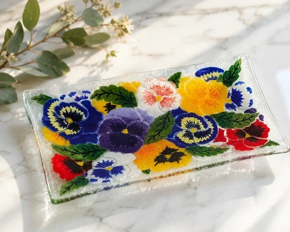 Vintage Peggy Karr Pansies Fused Art Glass Rectangular Tray | 1990s Trinket Dish
