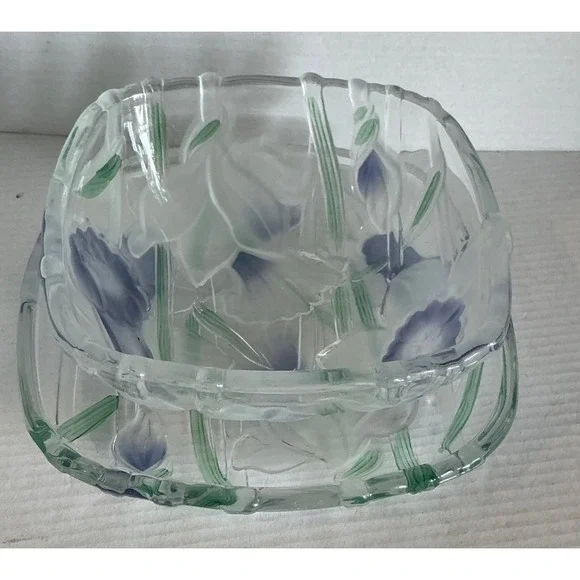 Frosted Glass Purple Floral Serving Bowl and Plate Set‎ Botanical 7in