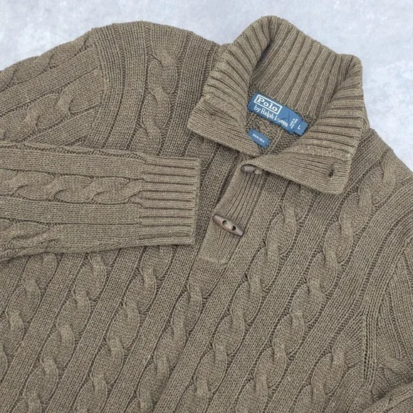 Vintage Polo Ralph Lauren Sweater‎ Mens L Brown 100% Silk Cable Knit Shawl 90s