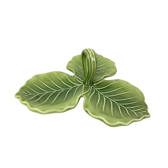 Vintage Green Ceramic Leaf Serving Dish 3-Part Clover Tray with Handle 9.5in