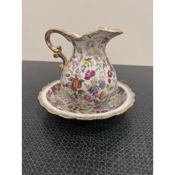 Lefton China Hand Painted Chintz Floral Pitcher.  51/2