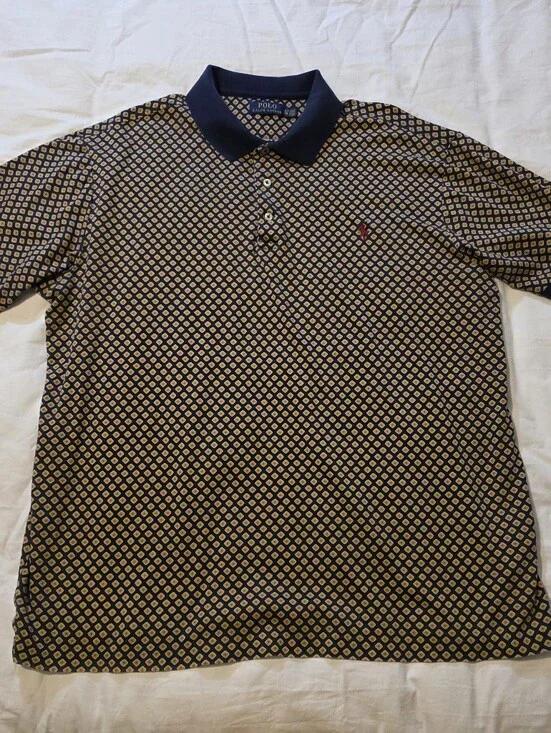 Polo Ralph Lauren Men's Navy Diamond-Print Polo Size XLT