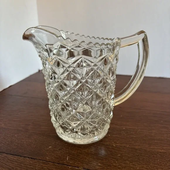 Vintage Pressed Glass Pitcher Diamond Point Sawtooth Pattern Scalloped Rim 5.5in
