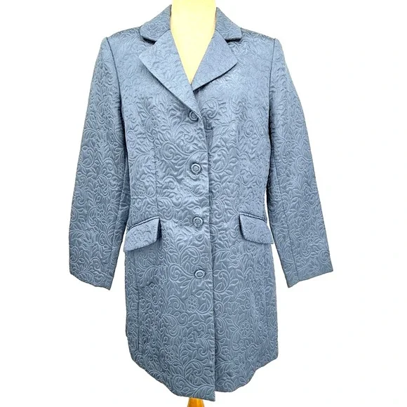Rena Rowan Blazer Womens 12 Blue Jacquard Longline Tailored Career Floral Dressy
