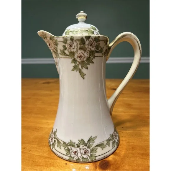 Antique Cottagecore Hand Painted Nippon Chocolate Pot Floral Gold Gilt Porcelain