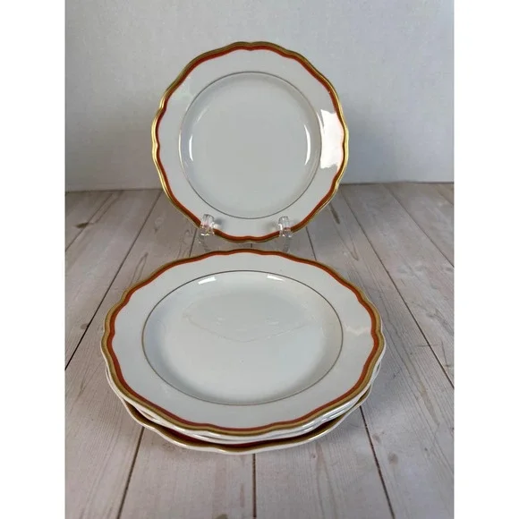 Meissen Orange Band Bread Butter Plates Set of 4 Gold Trim Crossed Swords 6 3/8