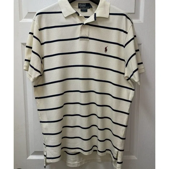 Polo by Ralph Lauren Men's X-Large White & Blue Striped Custom‎ Fit Cotton Polo