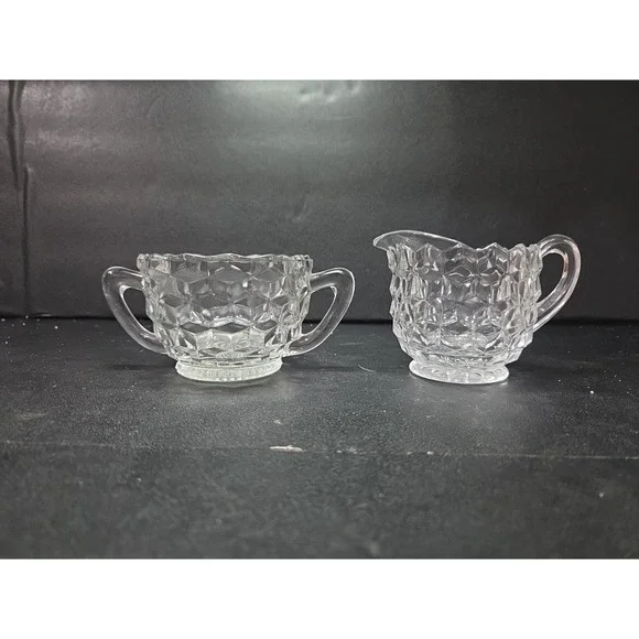 Fostoria‎ American Cubist Creamer and Sugar Set, Clear Glass Vintage Glassware