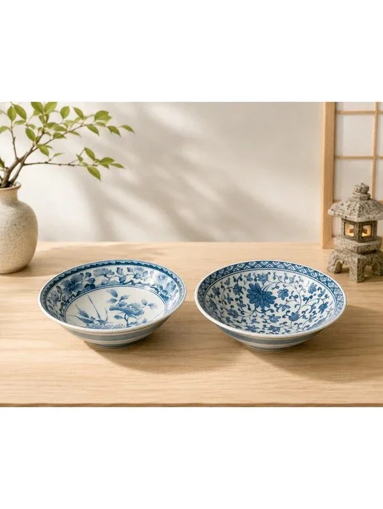 Takamine Kiln Japan 1970s Set Of 2 Serving Bowls Porcelain Blue White, 8x2.75”