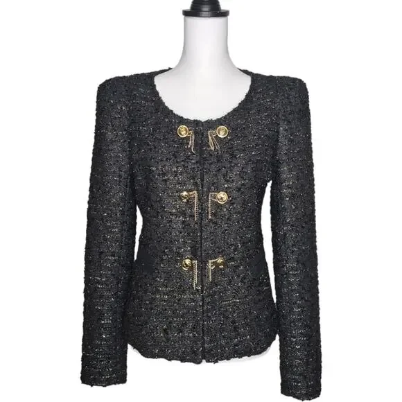Ipekyol‎ Tweed Sparkle Wool Blend Jacket with Chain Details Black Size 6