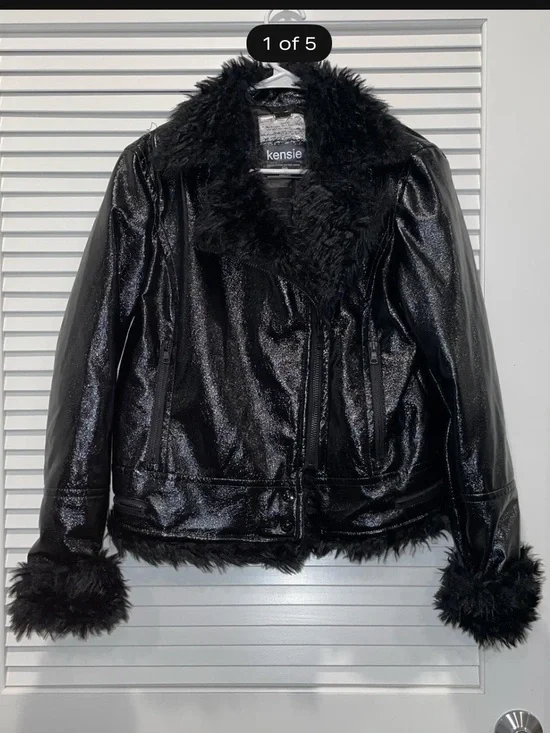 Kensie Black Faux Leather Jacket with Faux Fur Trim