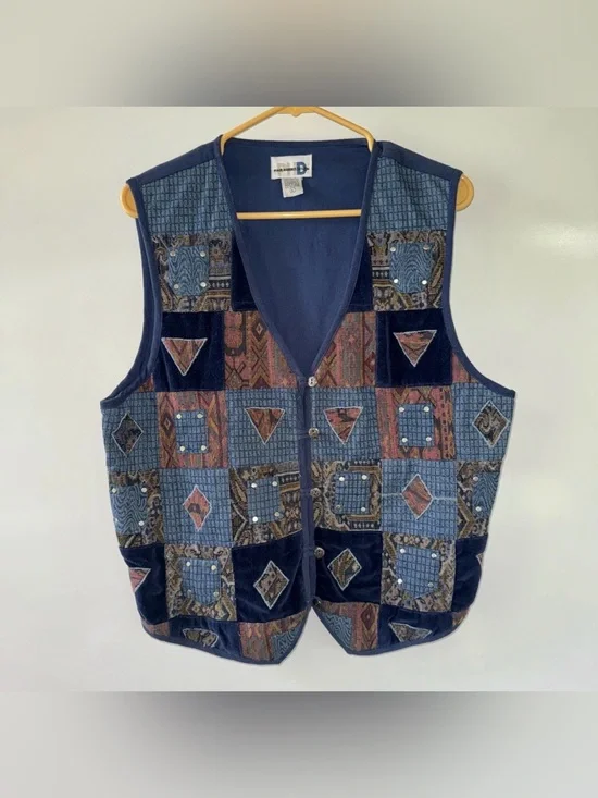 Vintage Paul Harris Design PHD Denim Embroidered Weaved Corduroy Vest Boho Large