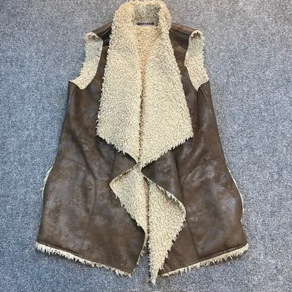 VELVET Graham Spencer Faux Fur Shearling Suede Open Vest Womens Large Boho Chic