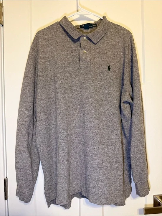 Ralph Lauren Men's Long-Sleeve Heather Gray Polo with Green Pony